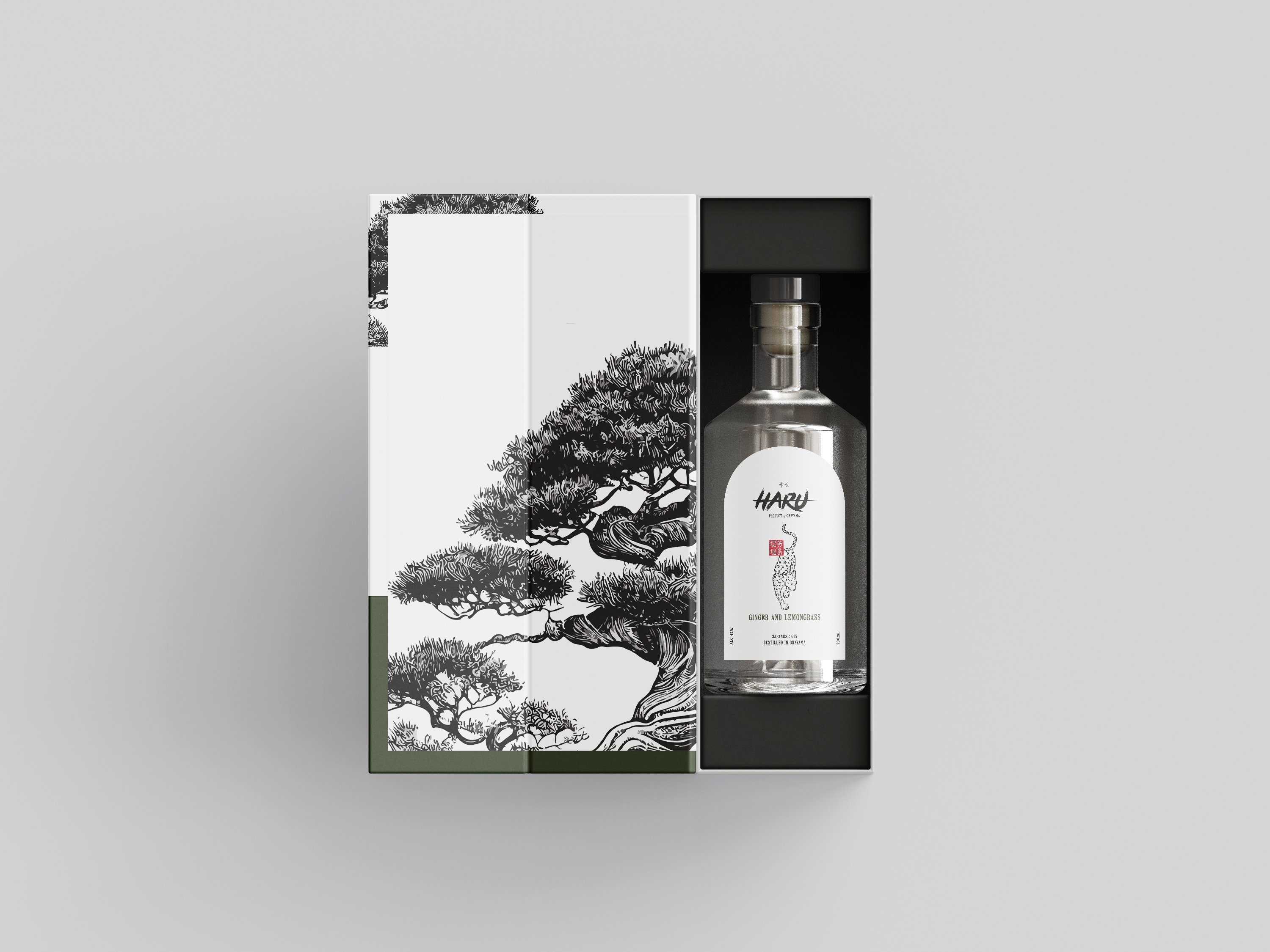 A bottle of gin in a box.